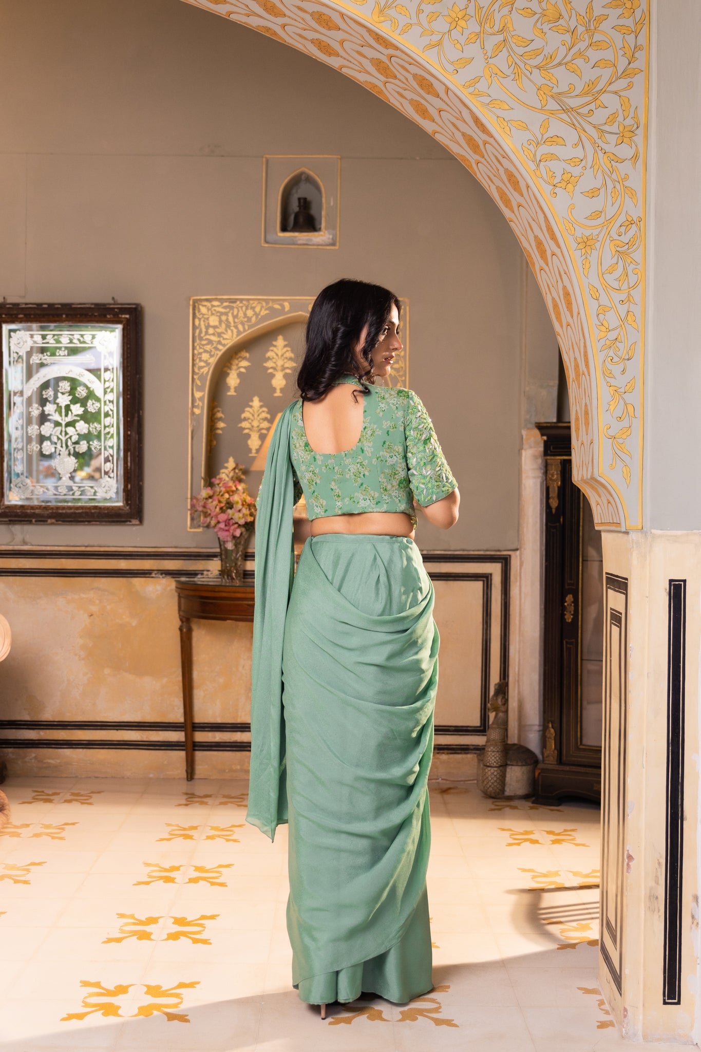 Sage Green Pre-Draped Georgette Saree image 4