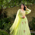 Green Georgette Floral Thread Embroidered Lehenga Set image 0
