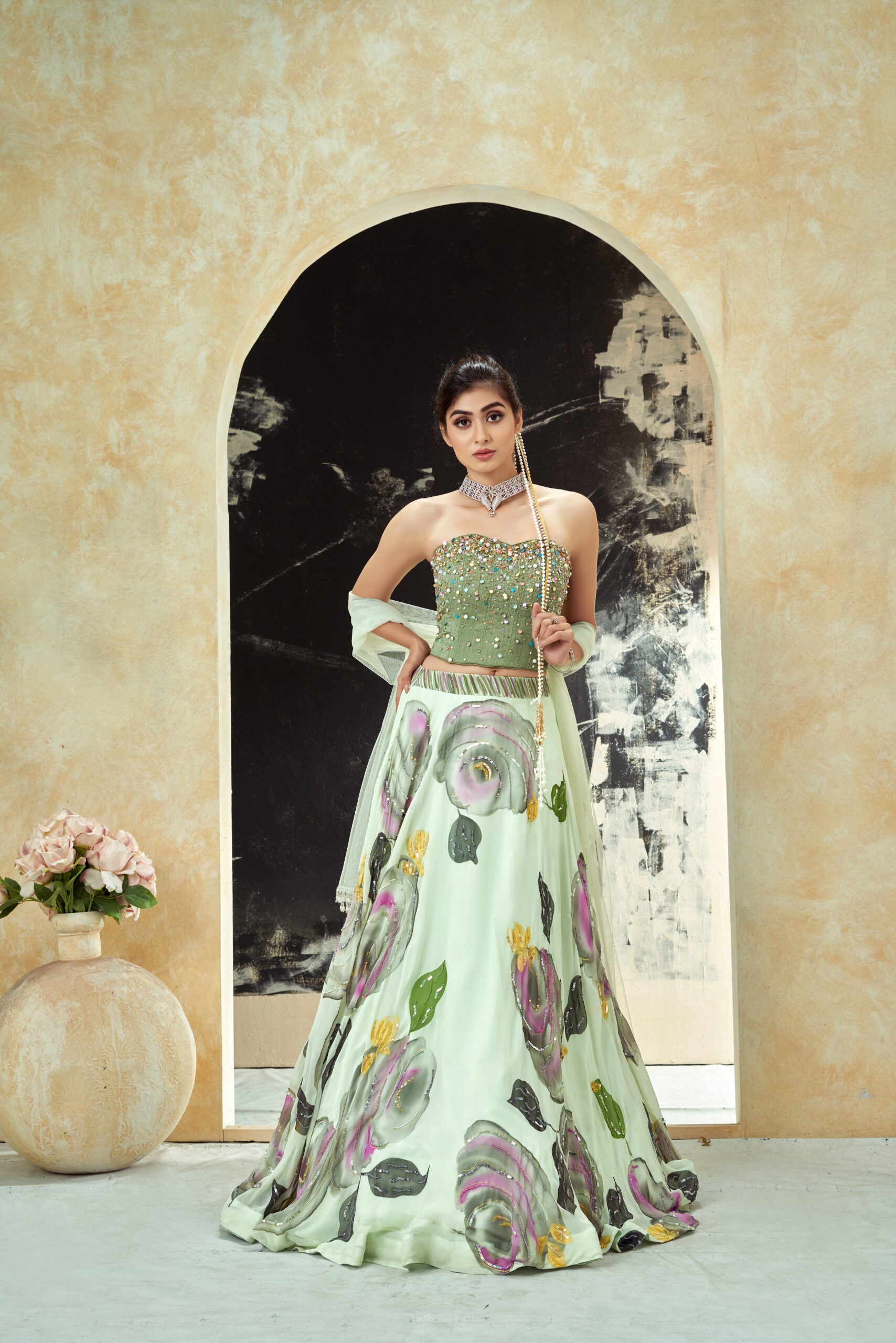 Mint Green hand painted lehenga and Green corset set image 4