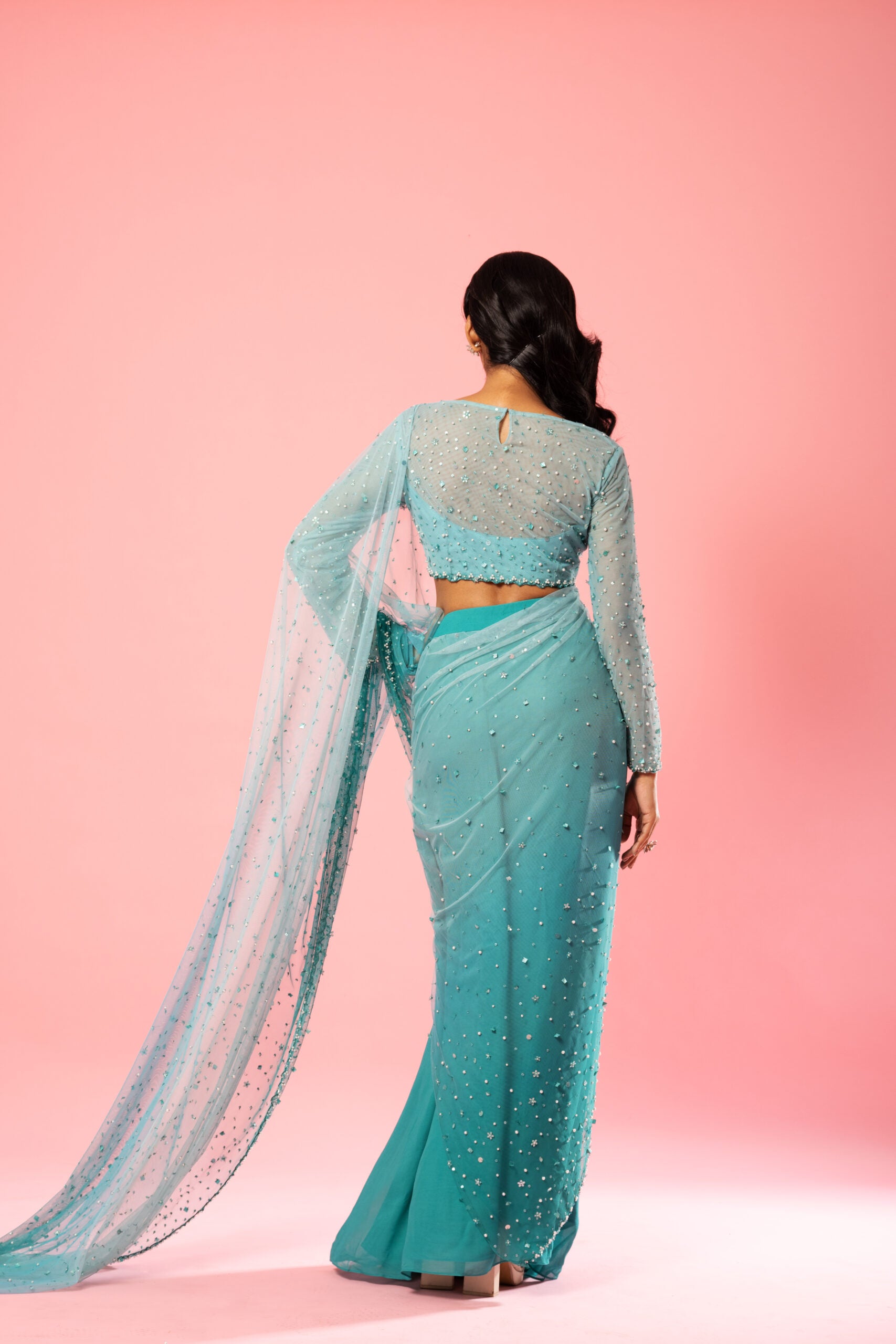 Teal And Powder Blue Embroidered Saree image 3