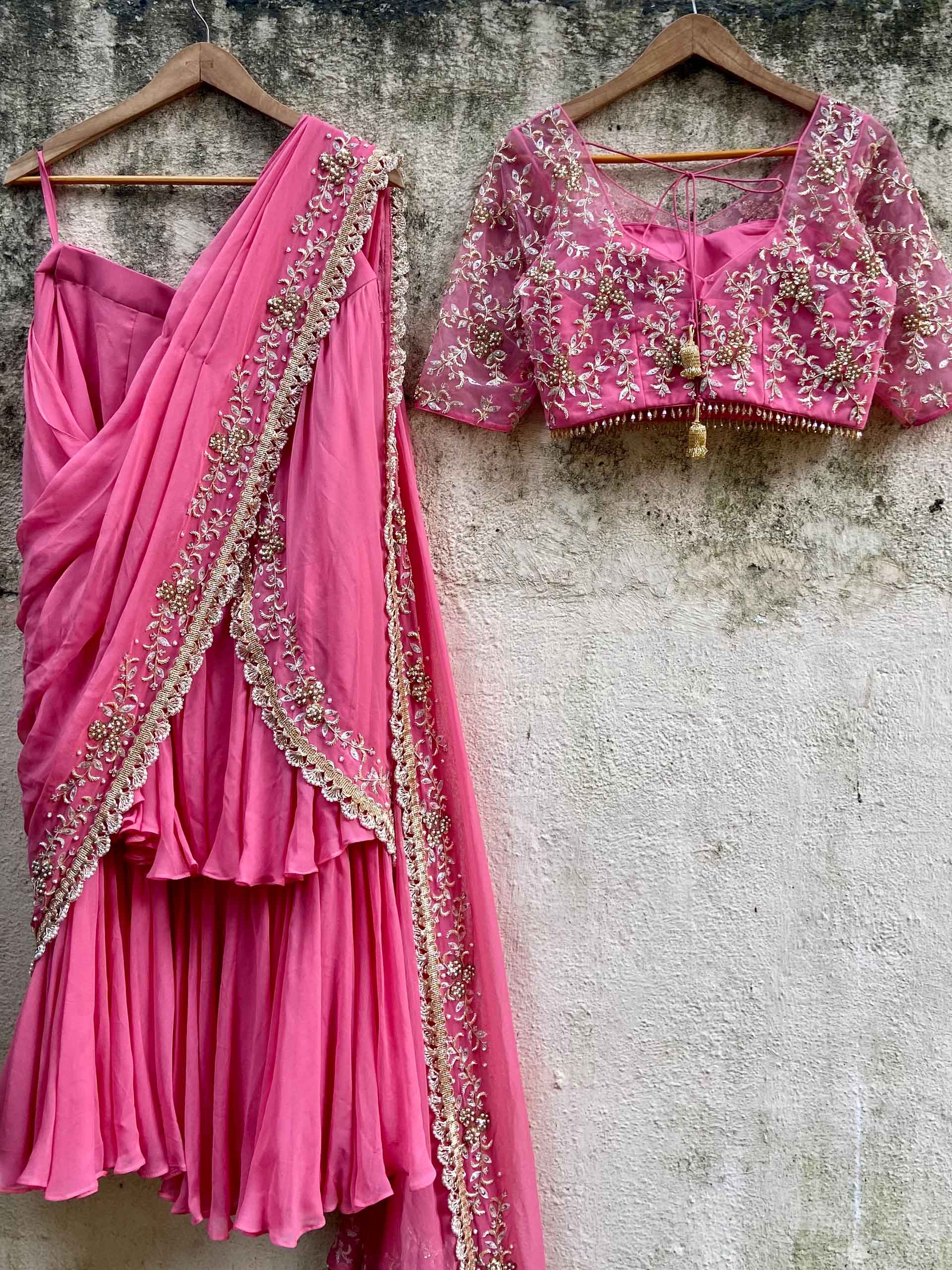 Pink Ruffled Embroidered Pre-stitched Saree Set image 4