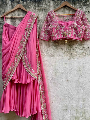 Pink Ruffled Embroidered Pre-stitched Saree Set image 4