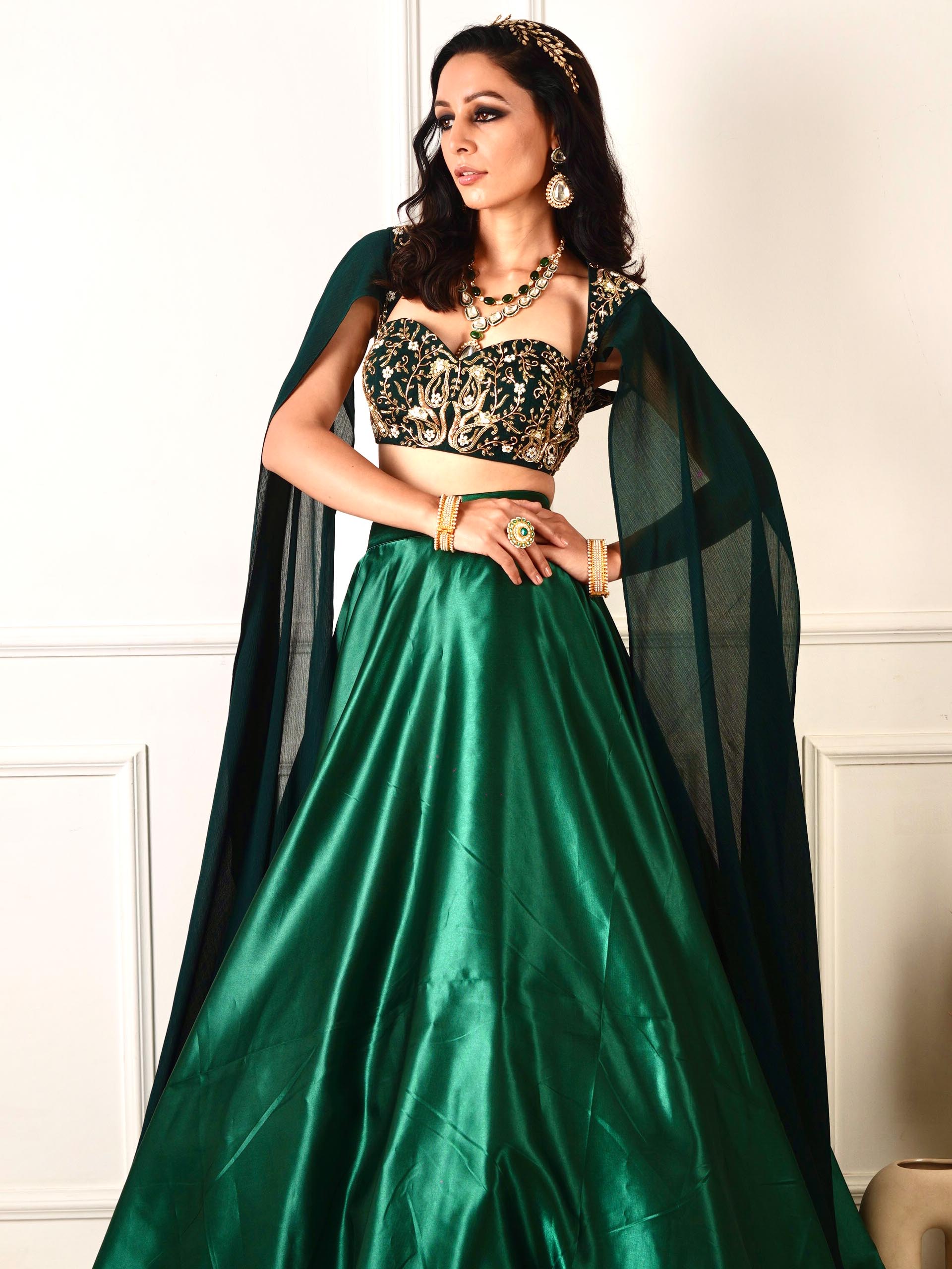 Green Meera Drape Lehenga Set image 11