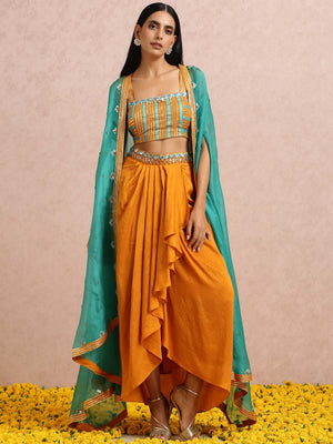 Rust Orange Dhoti Skirt Set with Teal Cape image 3