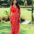 Cherry Red Floral Printed Pre-Stitched Saree Set image 0