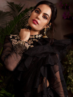 Black Ruffle Pre-Stitched Saree image 3