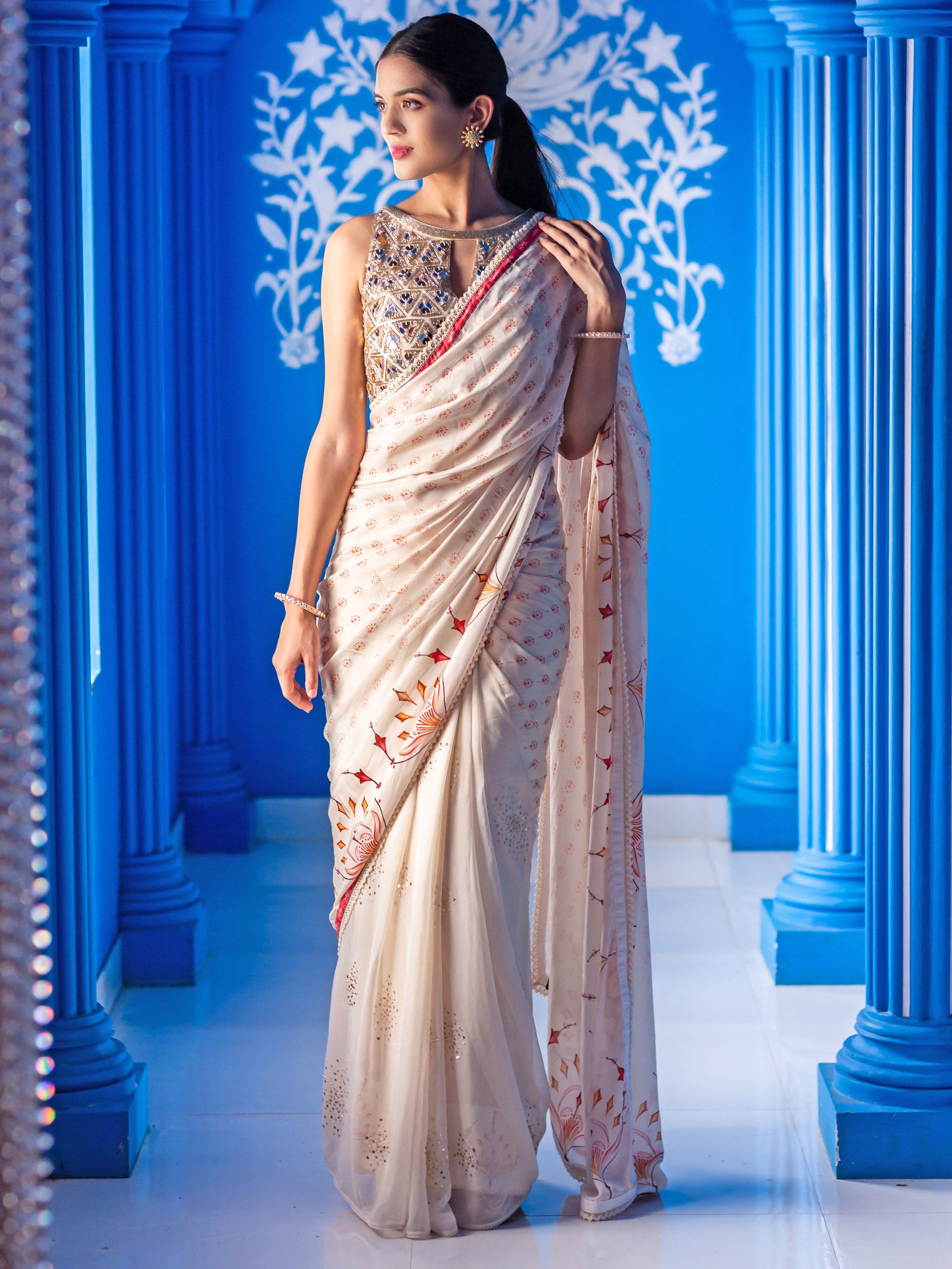 Ivory Print Saree Set image 0