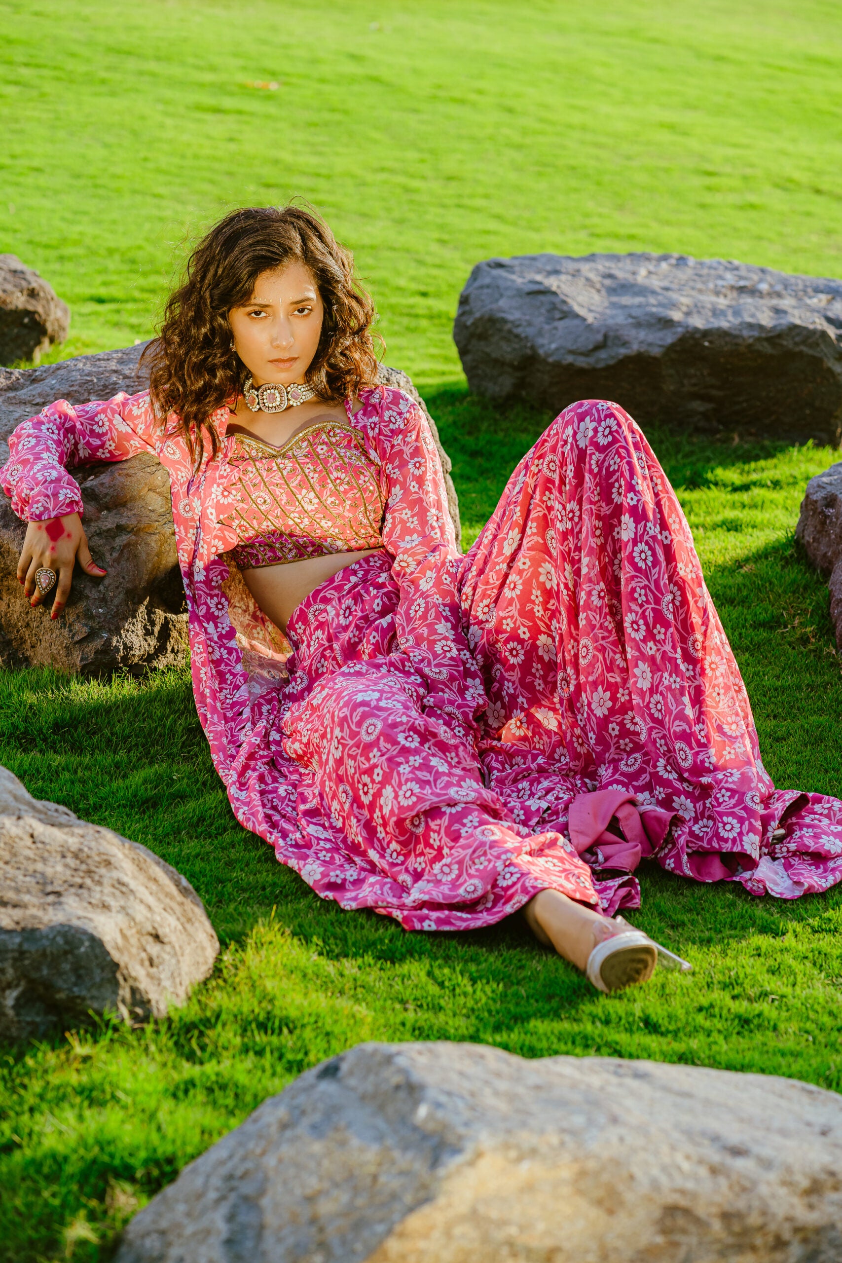 Mauve Printed &amp; Embroidered Long jacket &amp; pallazo pants Set image 1