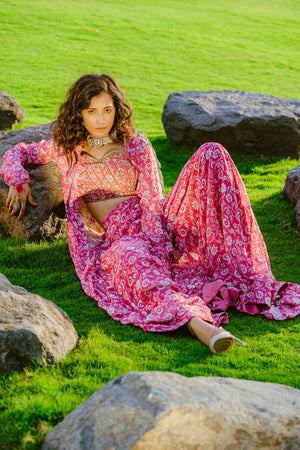 Mauve Printed &amp; Embroidered Long jacket &amp; pallazo pants Set image 1