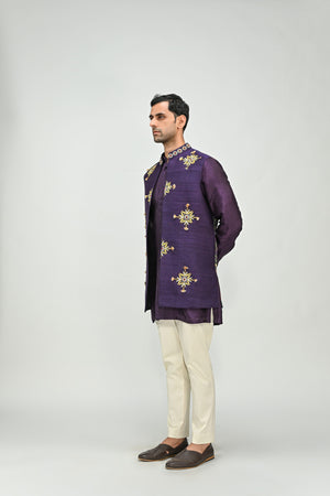Plum Butta Half Jacket Kurta Pant Set - M image