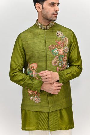 Olive Patch Bundi  Kurta Pant Set image 2