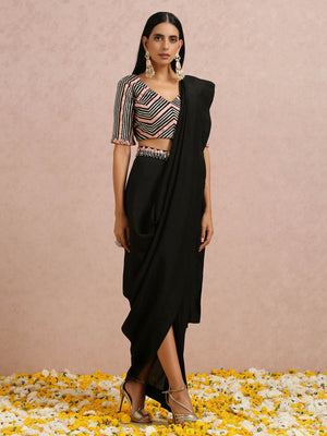 Black and Peach Pre Draped Saree Set image 8