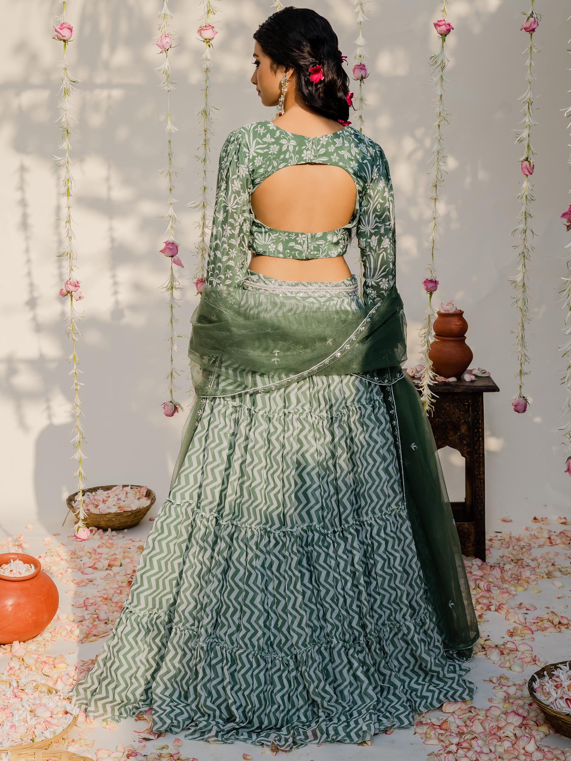 Floral Olive Green Tier Lehenga Set image 2