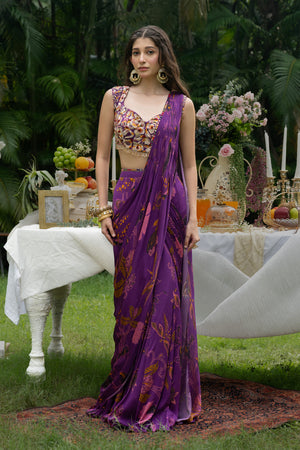 Plum Printed Drape Saree - L image