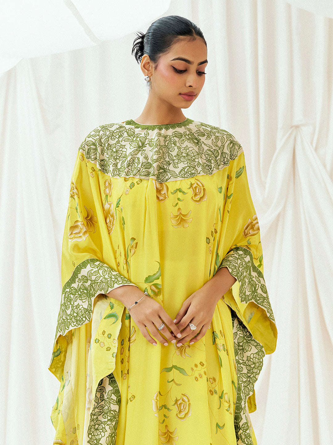 Bright Yellow Printed Embroidered Kaftan Set image 4
