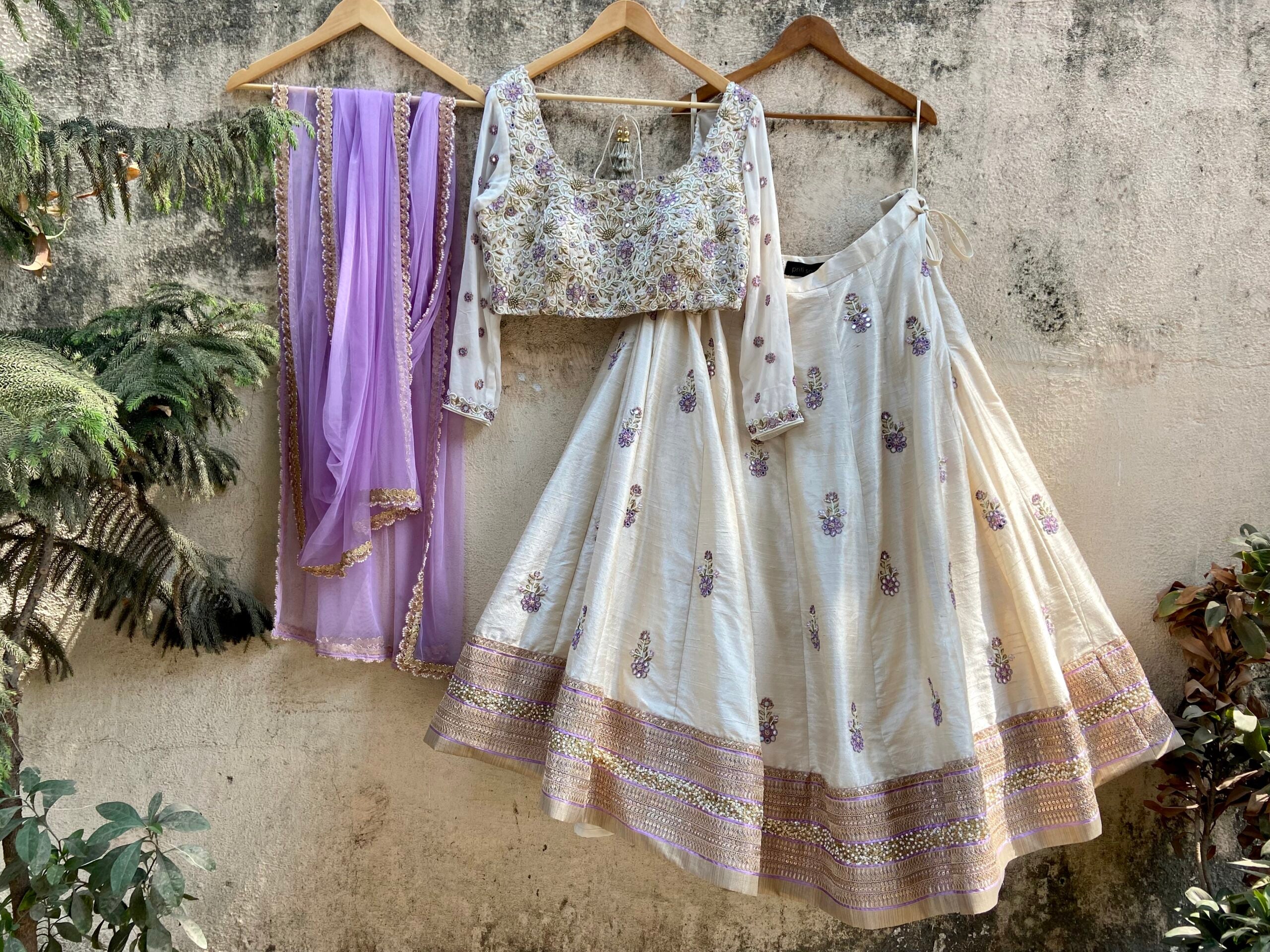 Ivory and Lavender Mirror Work Lehenga Set image 1