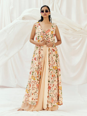 Floral White Printed Long Jacket Sharara Set with Bustier - L image