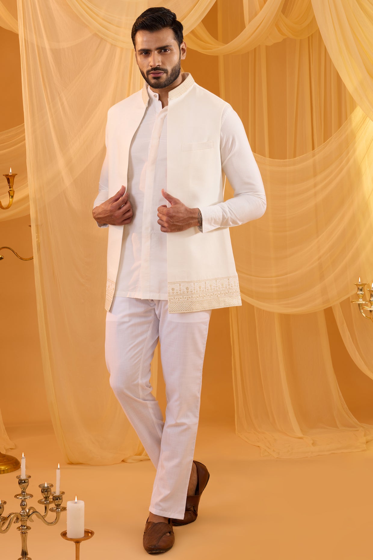 White Embroidered Indowestern Set - L image