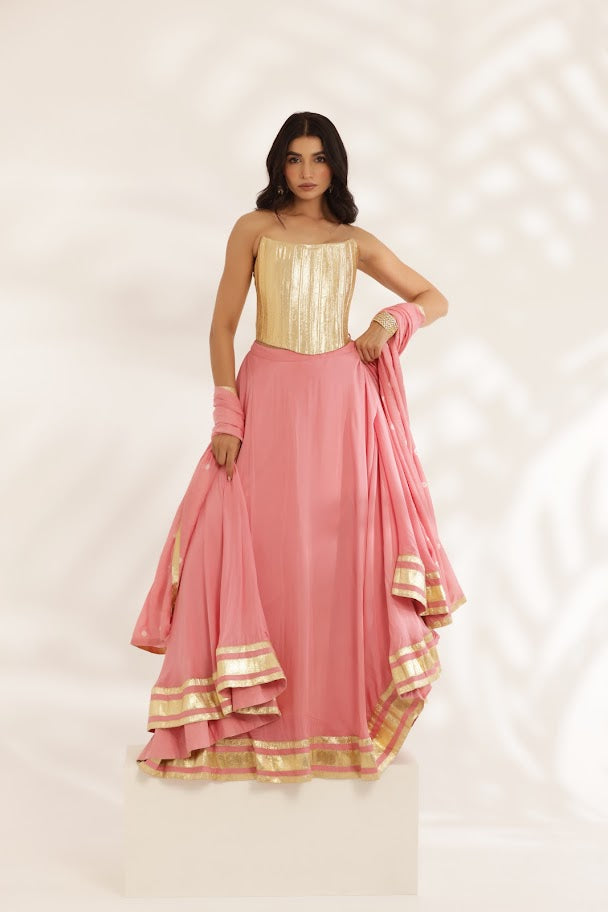 Coral Peach Crepe Lehenga With Gotta Corset - Custom image