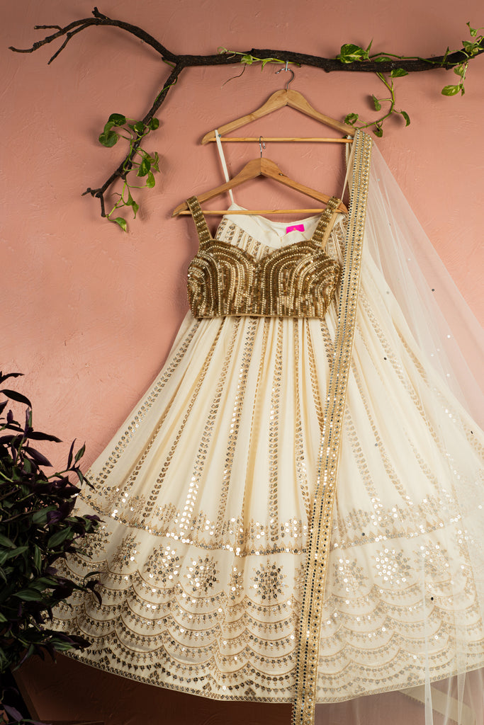 Ivory Sequin Starlight Lehenga with Gold Blouse and Ivory Dupatta - M image
