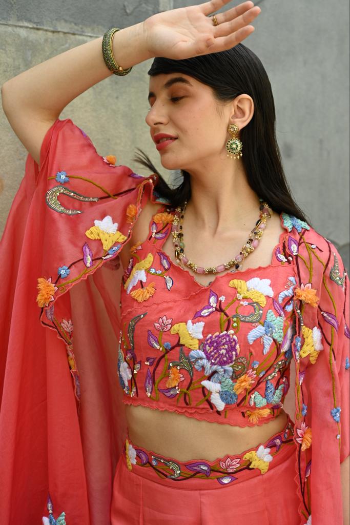 Coral Embroidered Bell Bottom Pant With Crop Top and Cape image 4