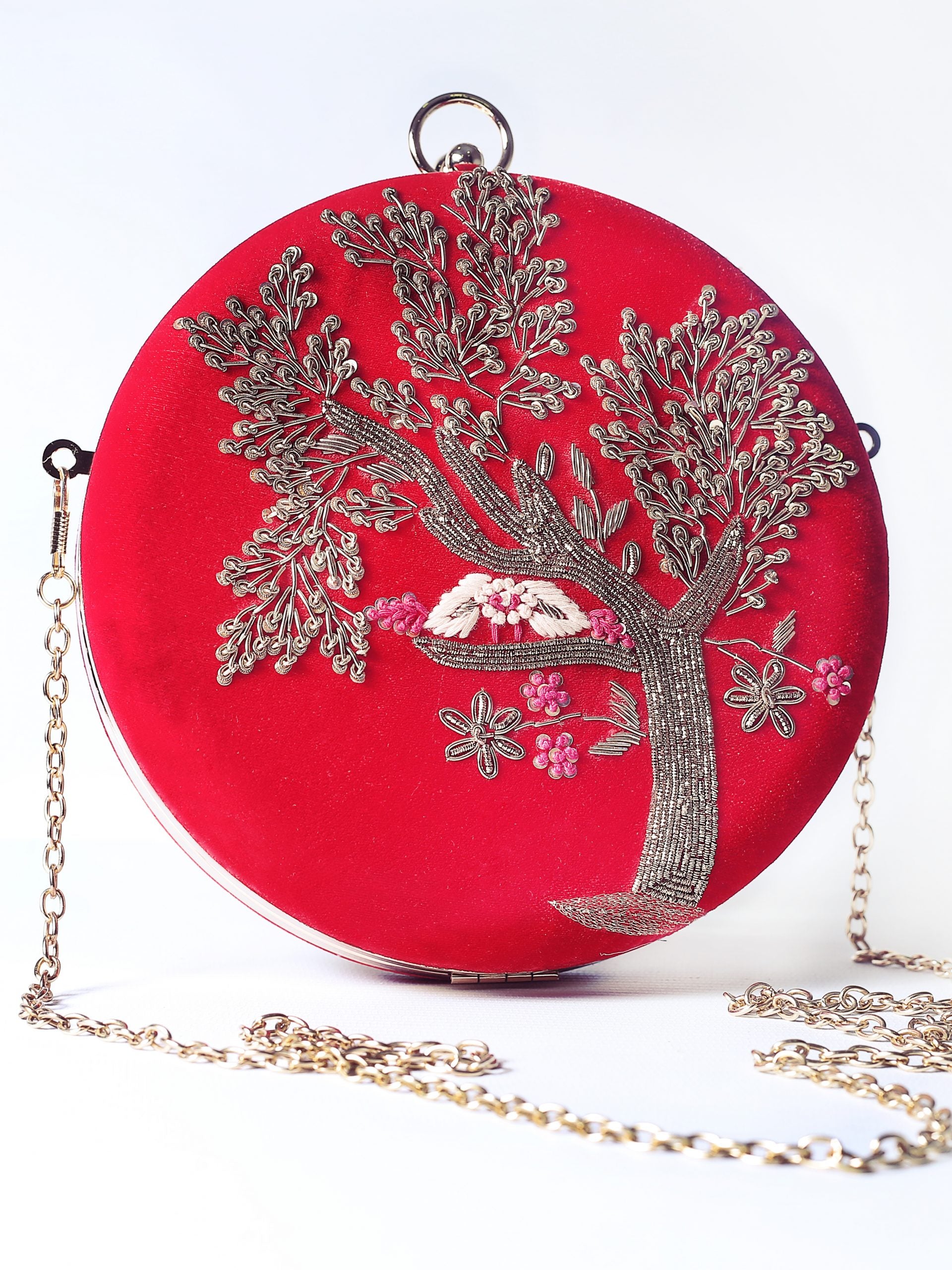 Red Round Embroidered Clutch image 0