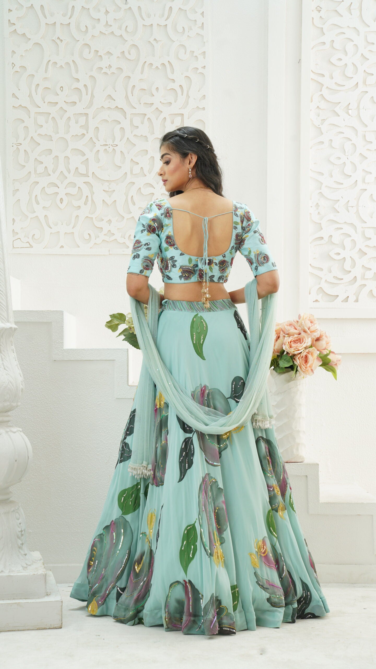 Dusty Blue hand painted lehenga set image 5