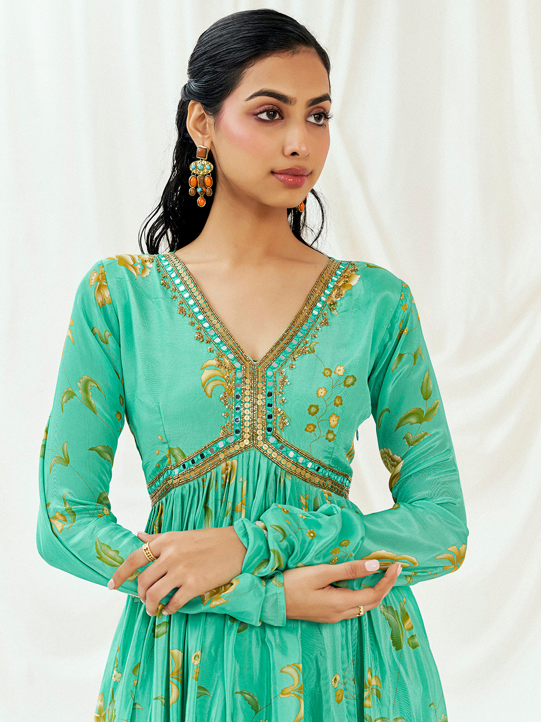 Turquoise Blue Printed Embroidered Peplum Sharara Set image 6