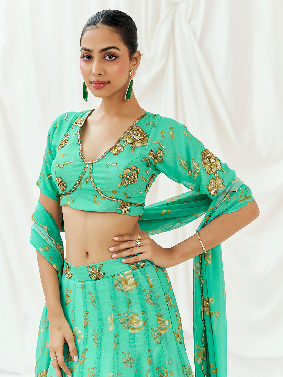 Turquoise Blue Printed Embroidered Lehenga Set with Dupatta image 5