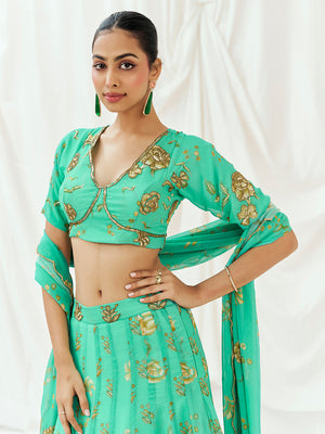 Turquoise Blue Printed Embroidered Lehenga Set with Dupatta image 5