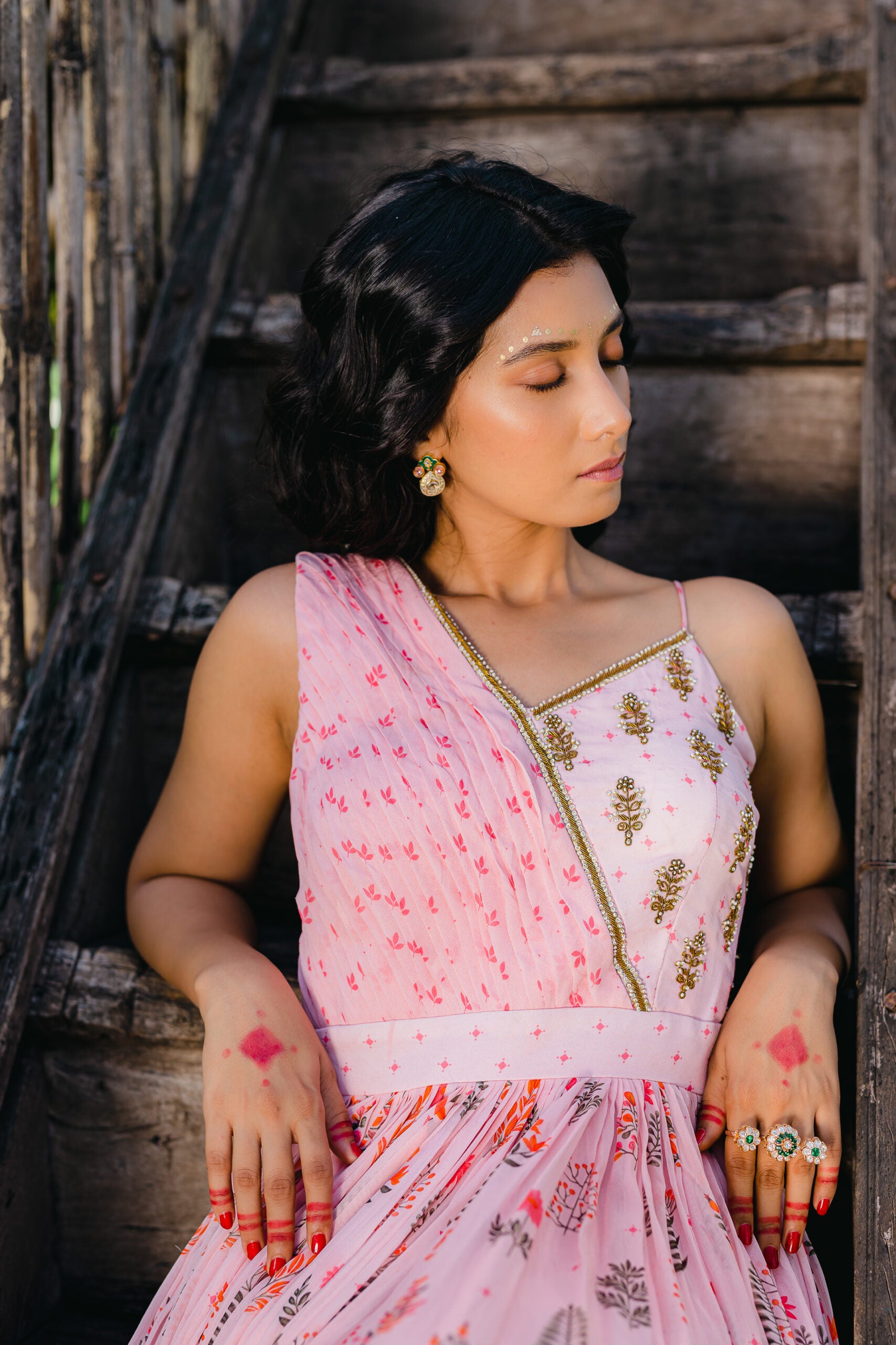 Blush Pink Floral Printed Embroidered Gown image 3