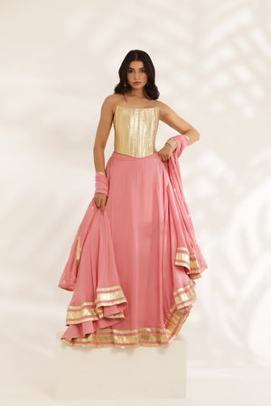 Coral Peach Crepe Lehenga With Gotta Corset - L image
