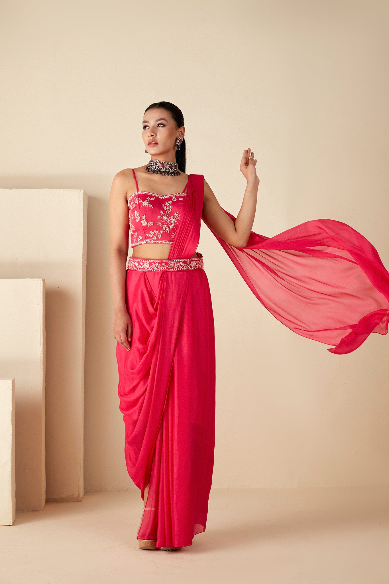 Pink Georgette Crepe Bustier Skirt Saree image 4
