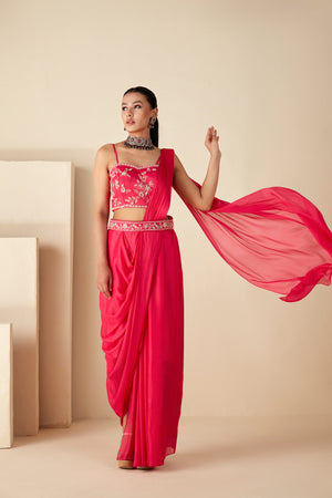 Pink Georgette Crepe Bustier Skirt Saree image 4
