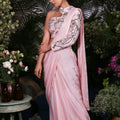 Pre-Draped Pink Saree with In-Cut Shoulder Blouse image 0