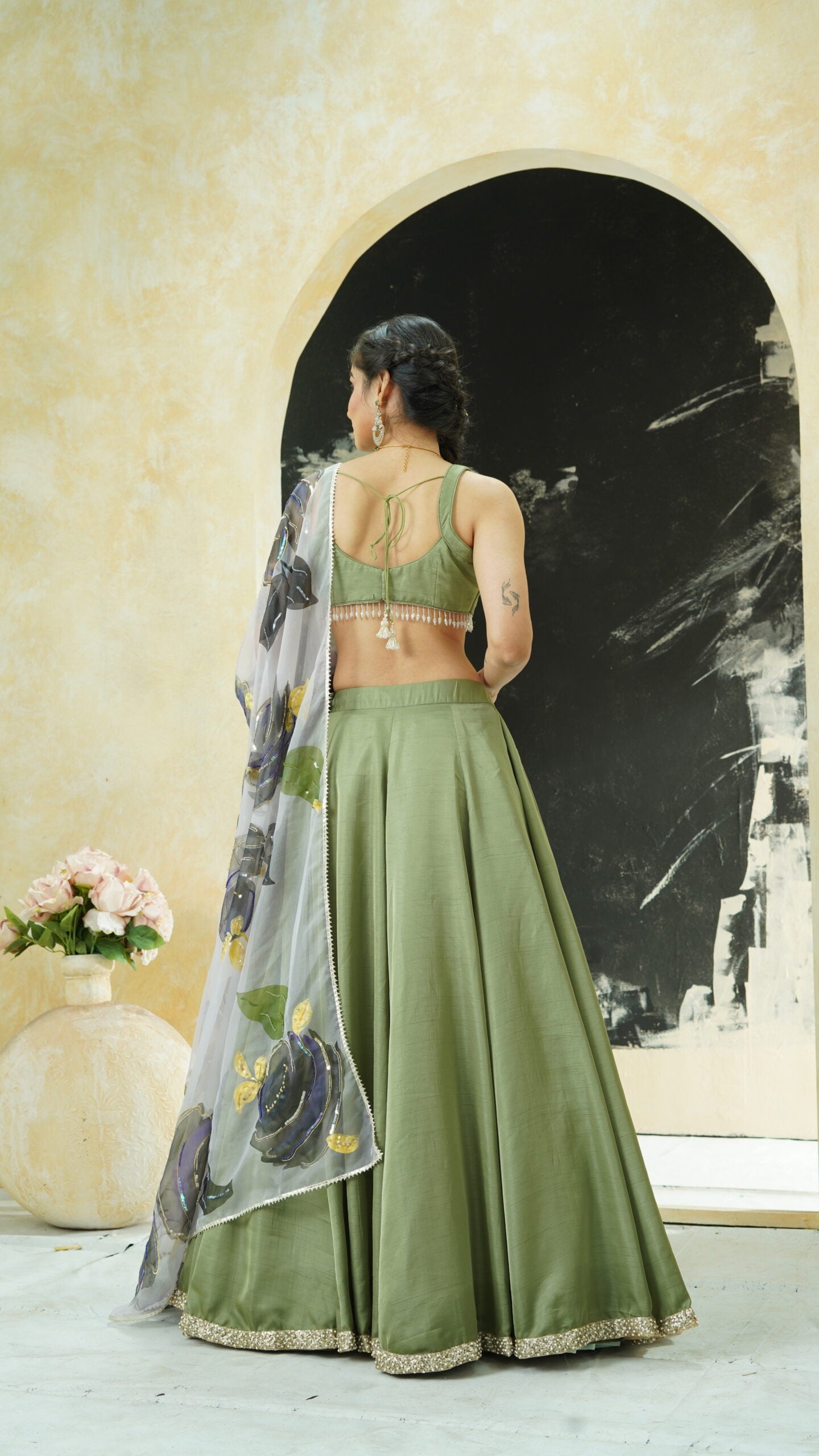 Sage Green lehenga set with hand painted  dupatta image 2