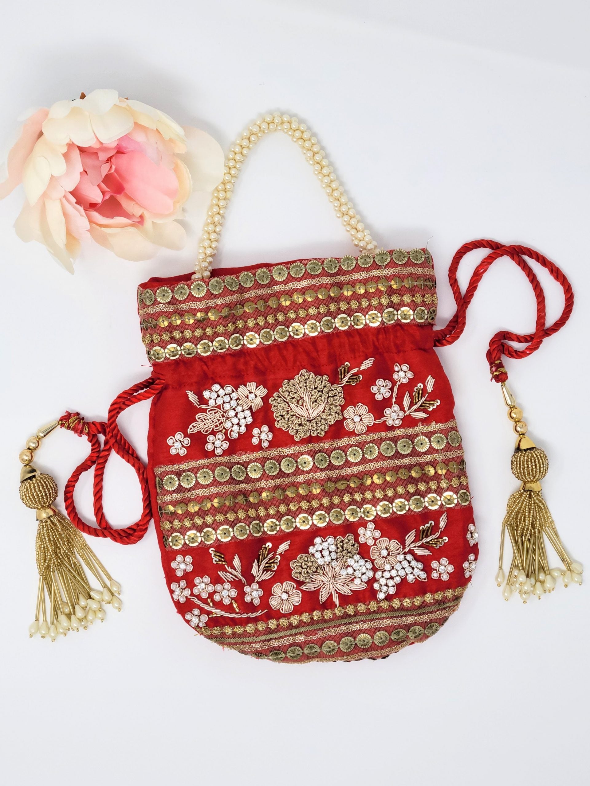 Red Potli Bag with Gold Pearl Tassels image 3