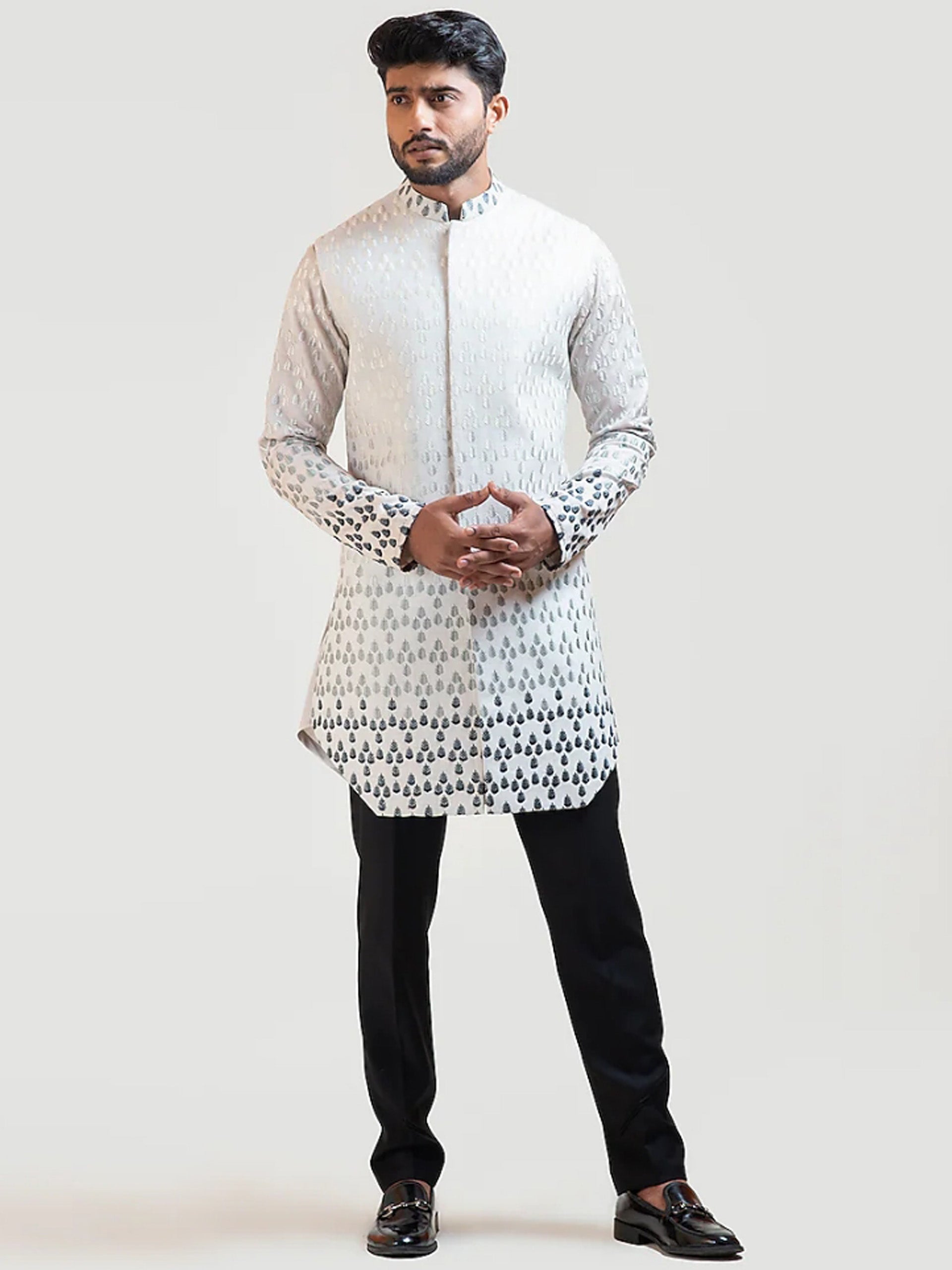 Grey Gradient Achkan Kurta Set image 0