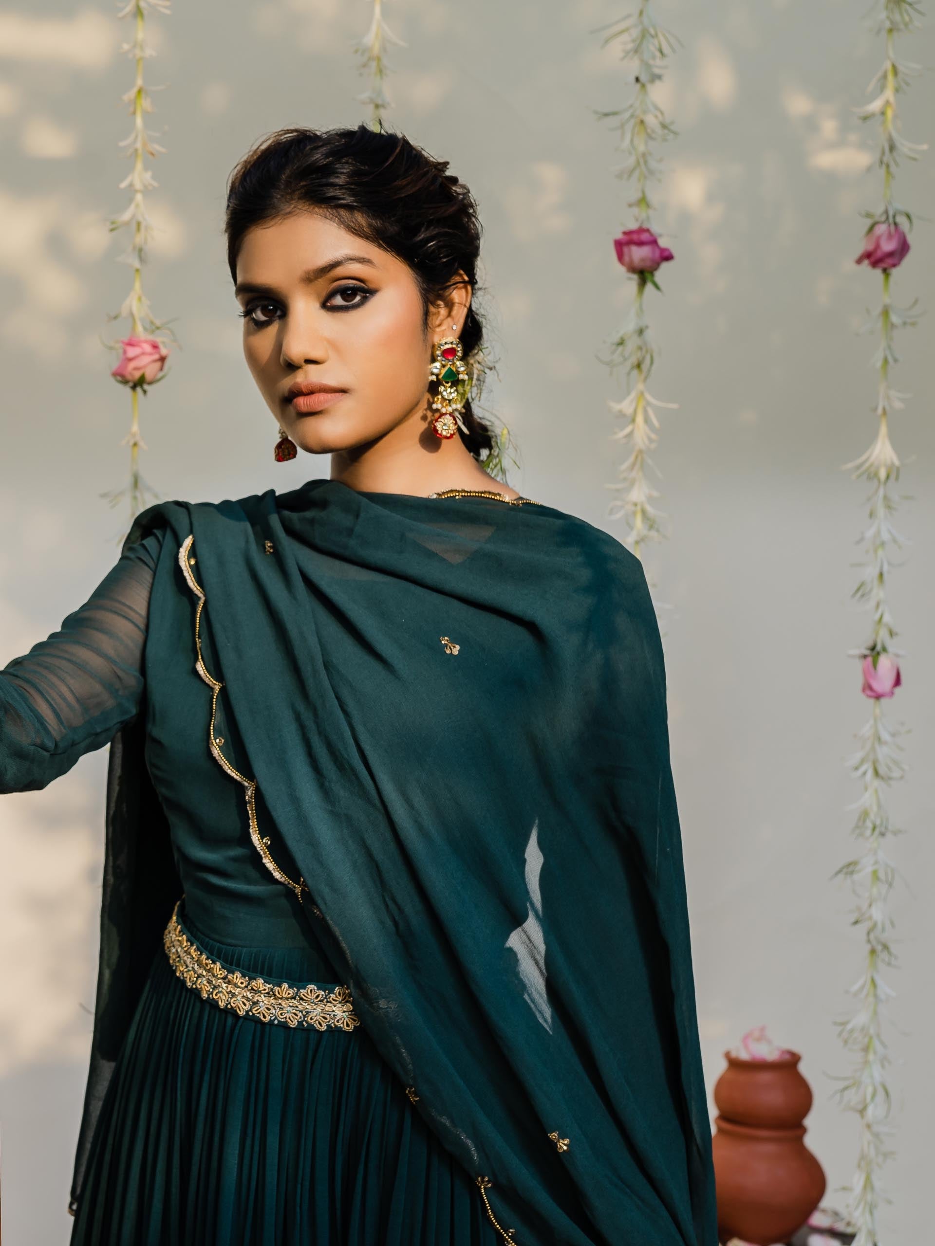 Bottle Green Anarkali Set with Belt image 7
