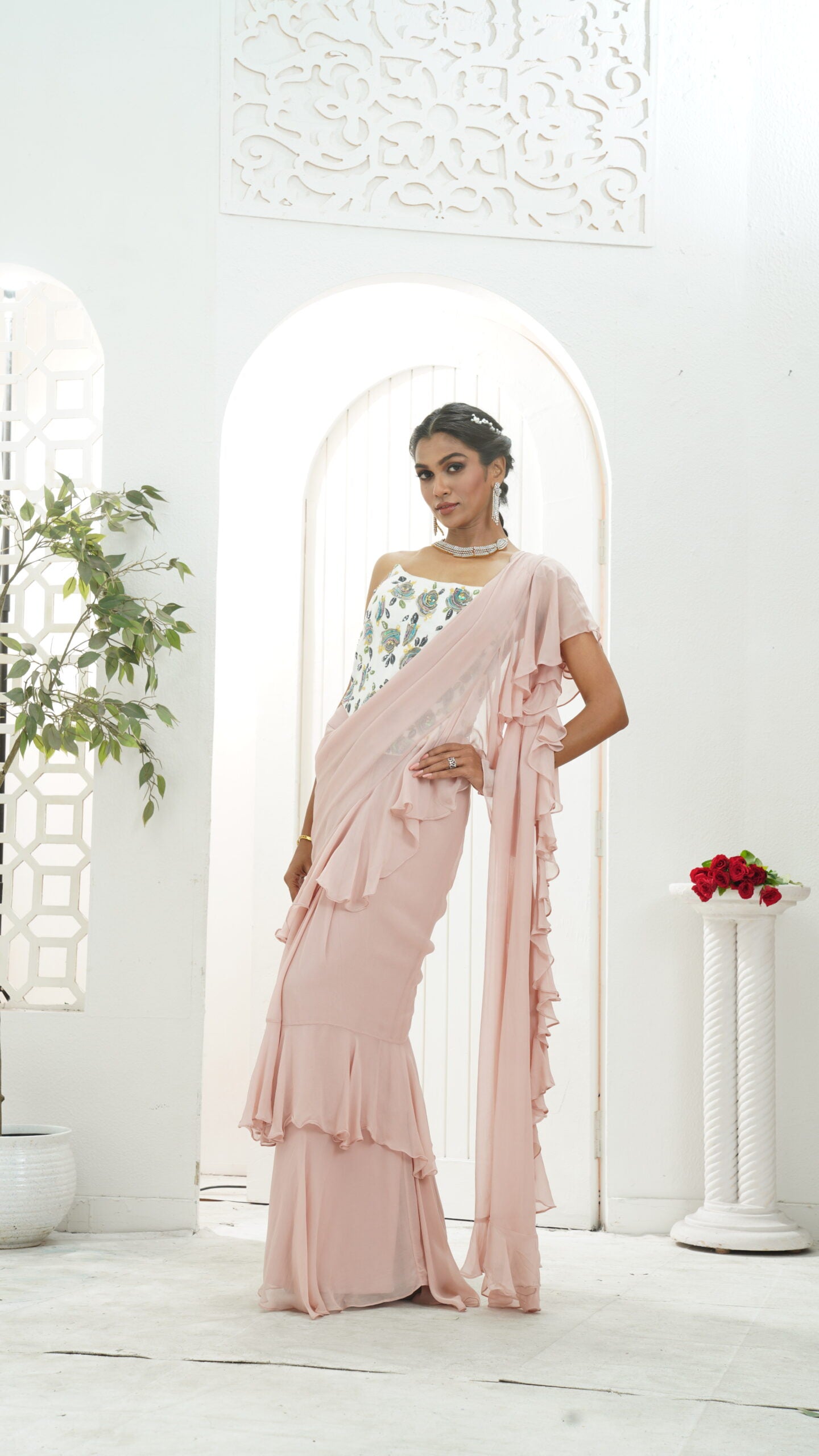 Powder Pink saree and Corset blouse set Mauve ruffle saree and hand painted corset set - S image