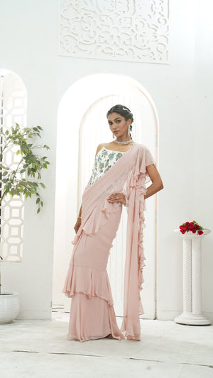 Powder Pink saree and Corset blouse set Mauve ruffle saree and hand painted corset set - S image