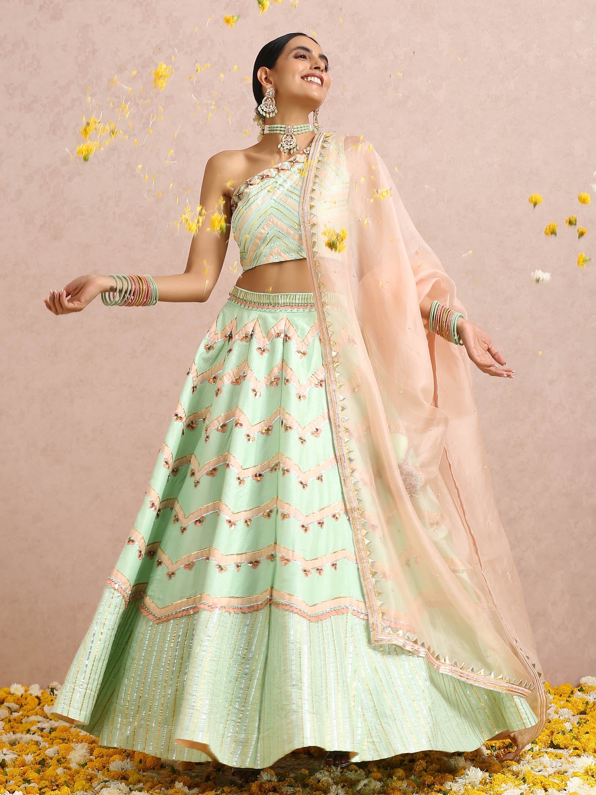 Mint and Peach Color Block Lehenga Set - S image