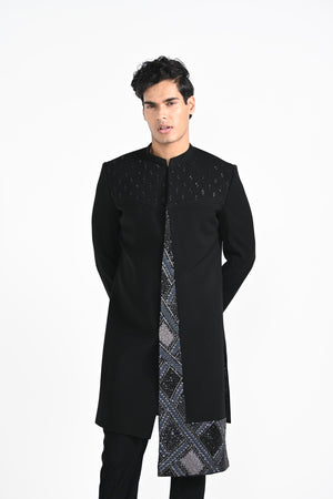 Black Panelled Achkan Set image 4