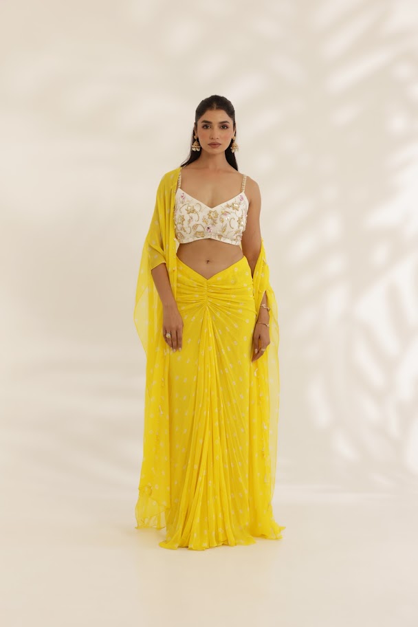 Yellow and White Bandhani Skirt and Cape Set - M image