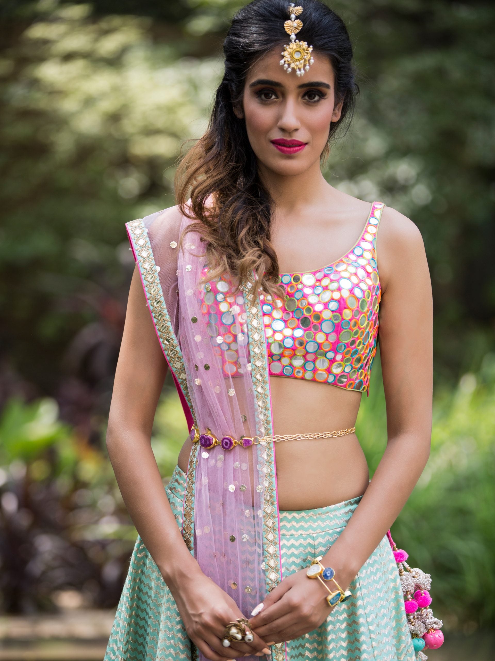 Aqua Lehenga with Rainbow Mirror Work Choli Set image 1