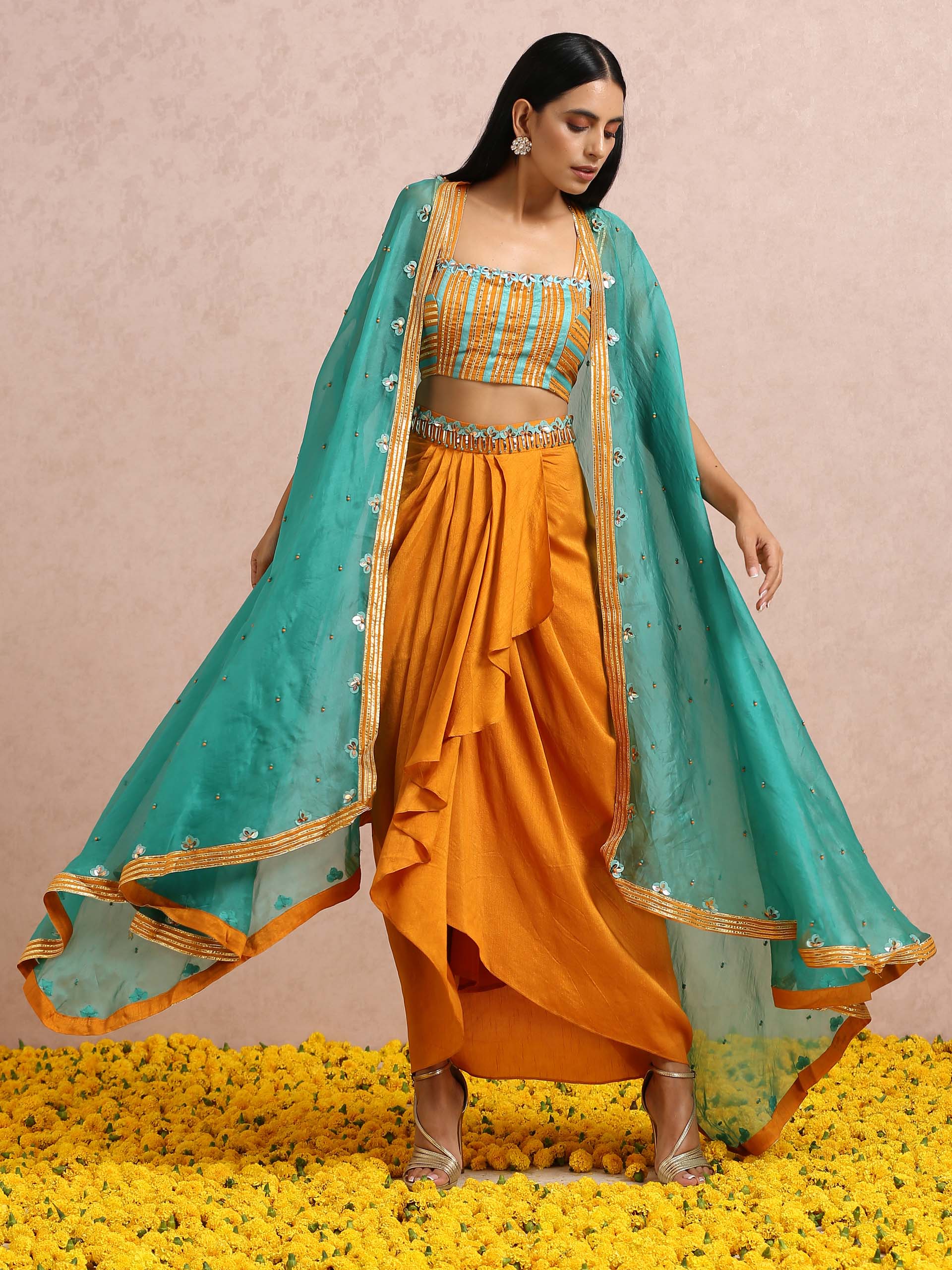 Rust Orange Dhoti Skirt Set with Teal Cape image 10