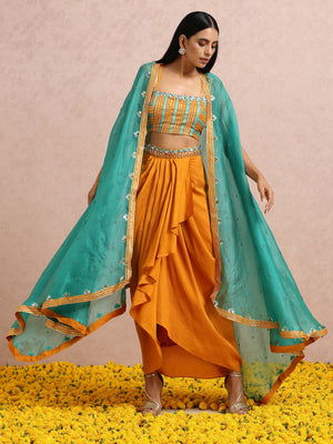 Rust Orange Dhoti Skirt Set with Teal Cape image 10