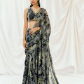 Black Printed Embroidered Drape Saree Set image 0