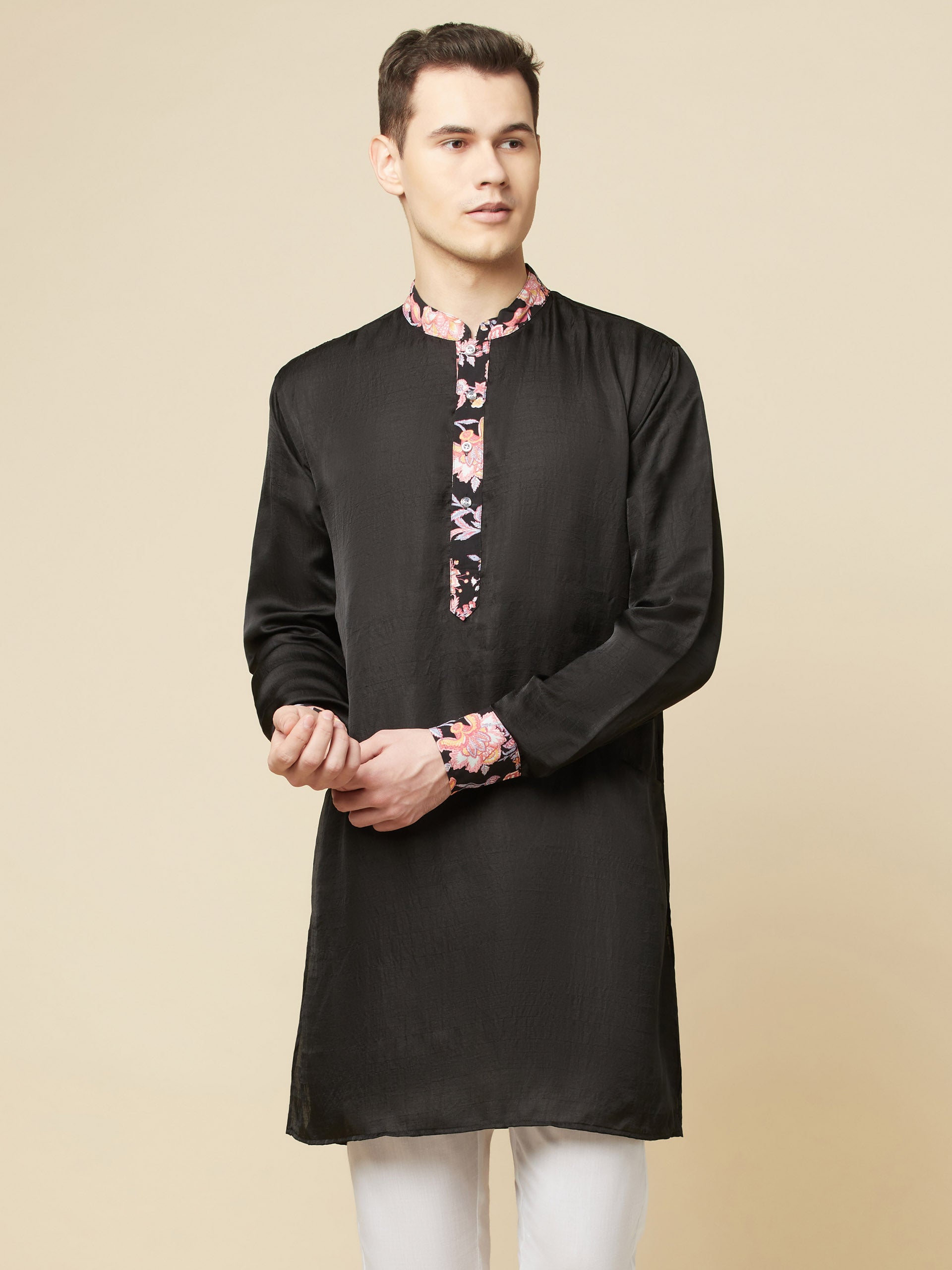 Black Art Silk Print Kurta - XL image