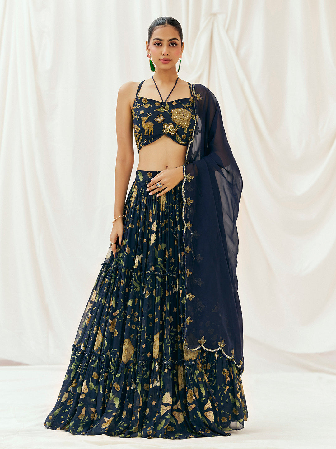Navy Blue Printed Embroidered Lehenga Set with Dupatta - L image